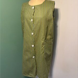 Vintage MCM 1960’s Green Striped Smock House Dress with White Accents